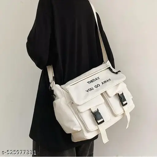 Cute Korean Style Aesthetic White Crossbody Sling Bag, Korean Canvas Bag Large Capacity Bag Multi-functional Bag One Shoulder Crossbody Tution Bag, Study Bag (WHITE)(THE DAYYOU GO AWAY)