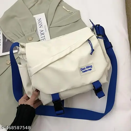 Cute Korean Style Aesthetic White Crossbody Sling Bag, Korean Canvas Bag Large Capacity Bag Multi-functional Bag One Shoulder Crossbody Tution Bag, Study Bag (WHITE)(DUO NING) - Detail View