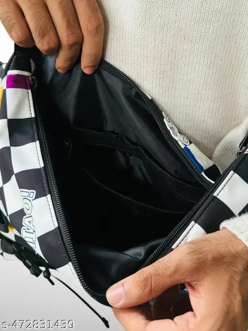 Cute Kawaii Style Black Checked Printed Crossbody Sling Bag, Korean Canvas Bag Large Capacity Bag Multi-functional Bag One Shoulder Crossbody Tution Bag, Study Bag (BLACK)(FUMIAO) - Detail View