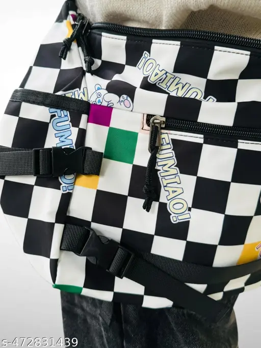 Cute Kawaii Style Black Checked Printed Crossbody Sling Bag, Korean Canvas Bag Large Capacity Bag Multi-functional Bag One Shoulder Crossbody Tution Bag, Study Bag (BLACK)(FUMIAO) - Alternate View